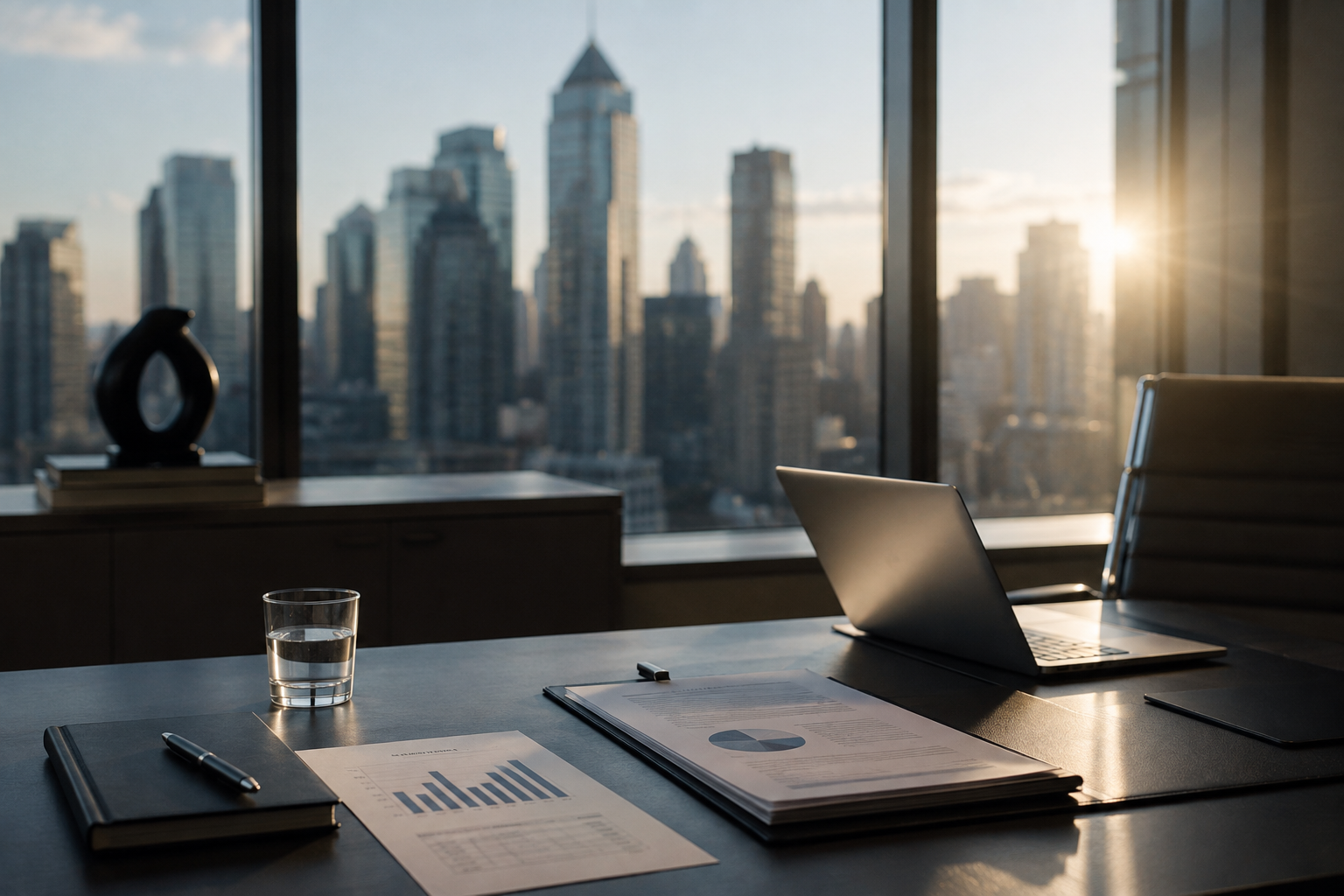 Modern financial workspace overlooking a city skyline