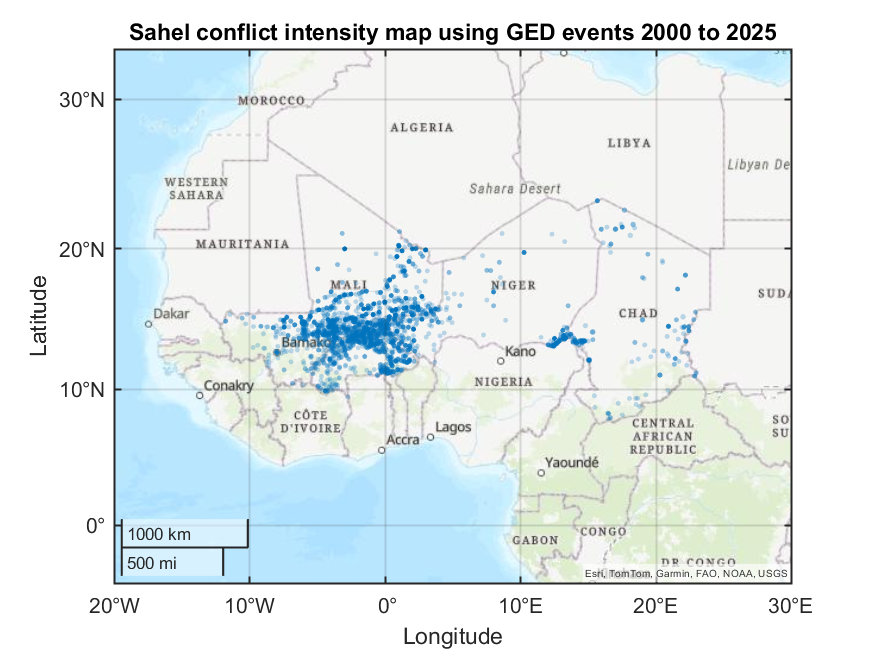 Sahel conflict intensity map using GED events 2000 to 2025
