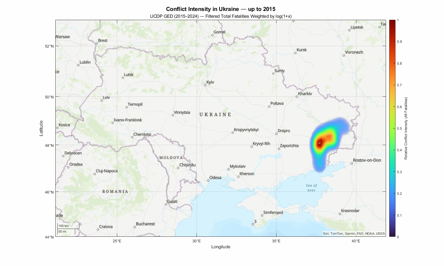 Filtered heatmap — only zones above 8% relative conflict intensity are shown (no background).