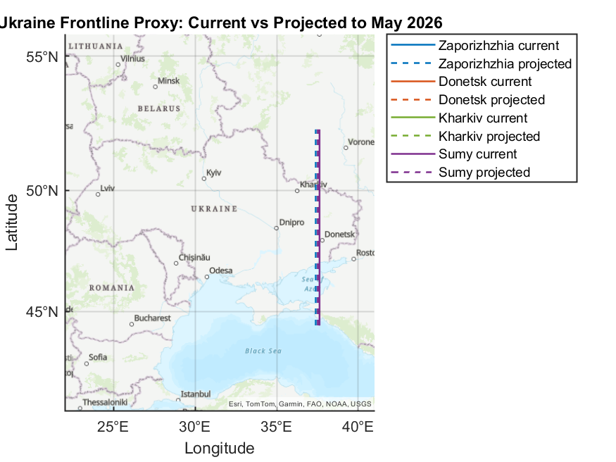 Mapa de las líneas del frente en Ucrania: posición actual (línea sólida) y proyección a mayo 2026 (línea punteada)