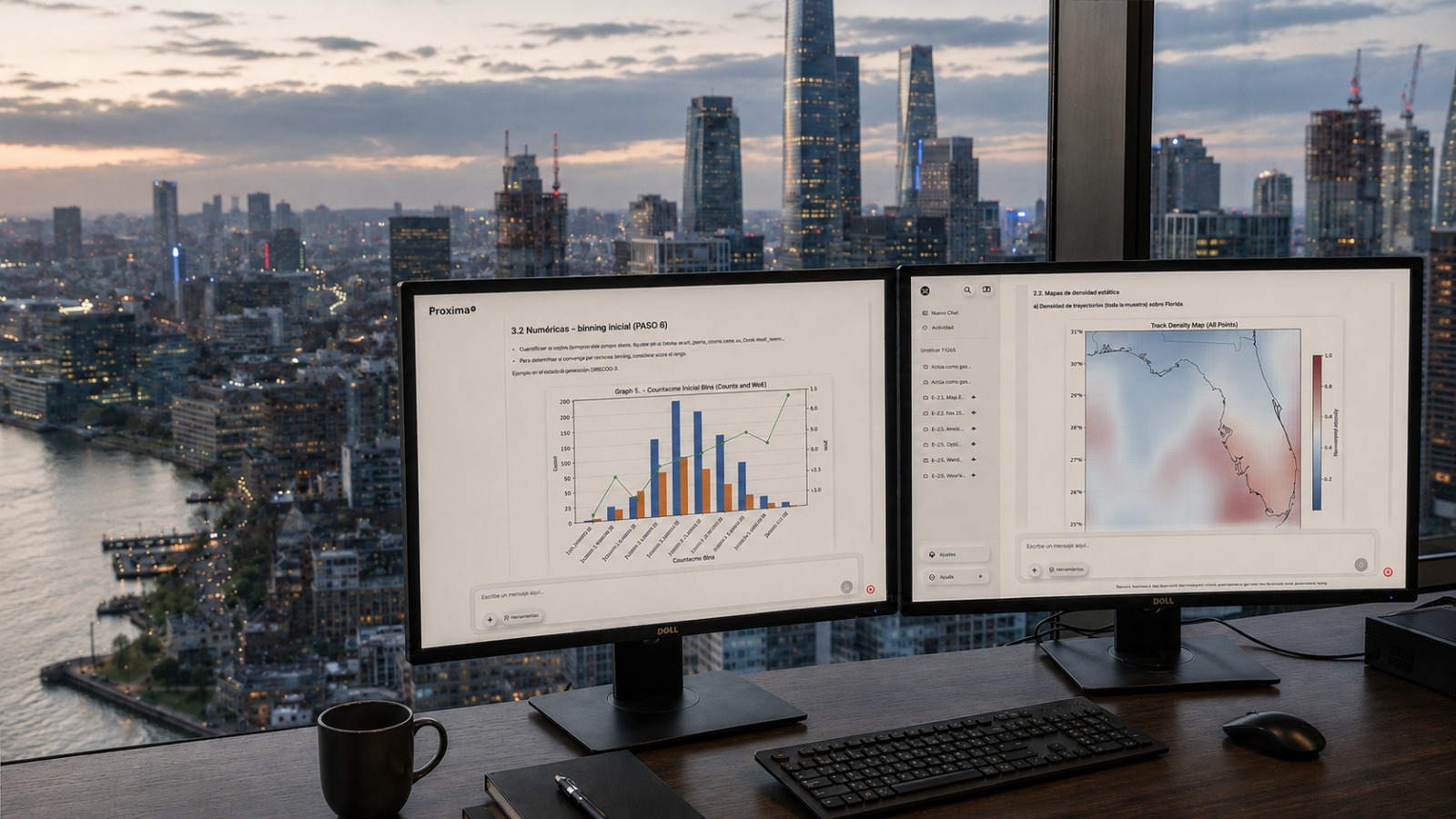 Quantitative analysis dashboards and maps displayed on monitors overlooking a city